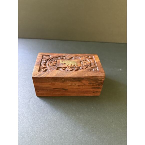 Handcarved Wood Hinged Trinket Box Brass Elephant Inlay Handcrafted Boho - Picture 2 of 7